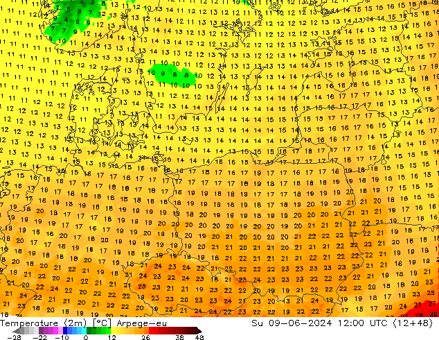 Temperature (2m) Arpege-eu Ne 09.06.2024 12 UTC