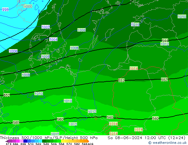 Schichtdicke 500-1000 hPa Arpege-eu Sa 08.06.2024 12 UTC