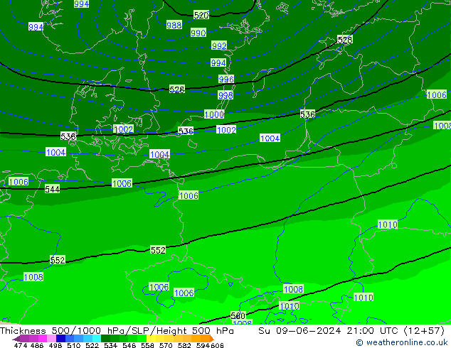 Dikte 500-1000hPa Arpege-eu zo 09.06.2024 21 UTC