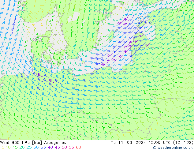 wiatr 850 hPa Arpege-eu wto. 11.06.2024 18 UTC