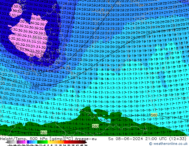 Hoogte/Temp. 500 hPa Arpege-eu za 08.06.2024 21 UTC