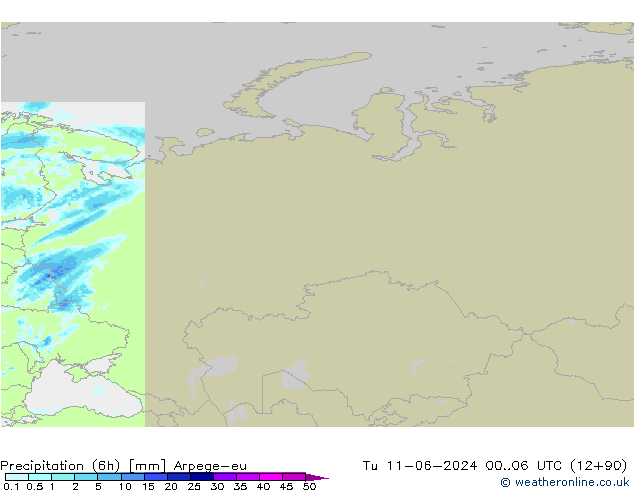 Precipitation (6h) Arpege-eu Tu 11.06.2024 06 UTC