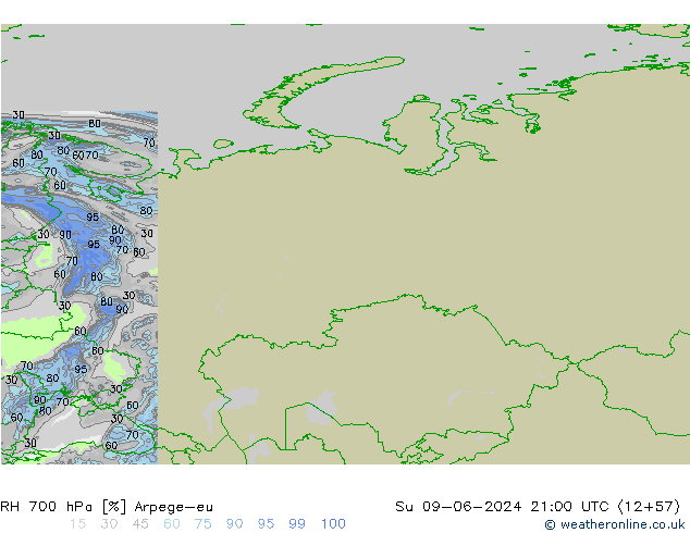 RH 700 hPa Arpege-eu Su 09.06.2024 21 UTC