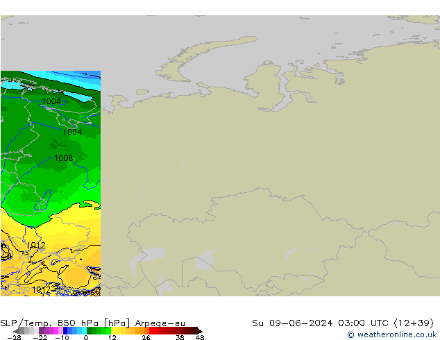 850 hPa Yer Bas./Sıc Arpege-eu Paz 09.06.2024 03 UTC