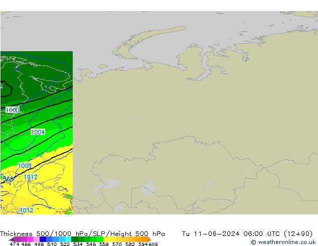 Espesor 500-1000 hPa Arpege-eu mar 11.06.2024 06 UTC