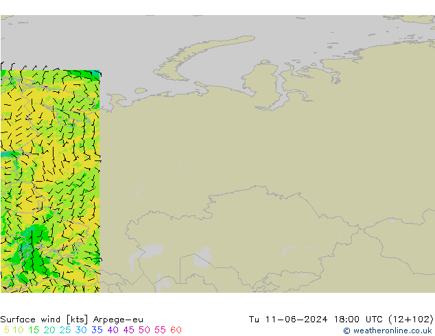 Surface wind Arpege-eu Tu 11.06.2024 18 UTC