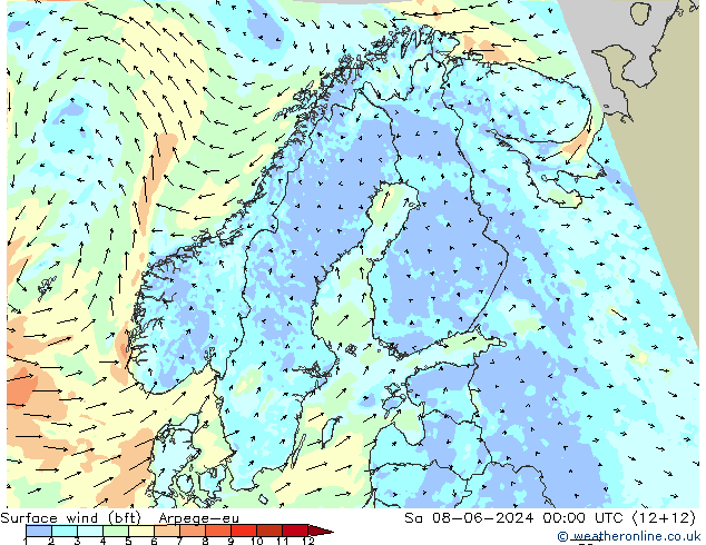 Wind 10 m (bft) Arpege-eu za 08.06.2024 00 UTC