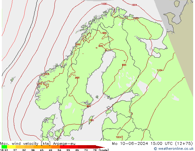 Max. wind velocity Arpege-eu Mo 10.06.2024 15 UTC