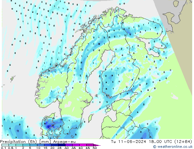 Précipitation (6h) Arpege-eu mar 11.06.2024 00 UTC