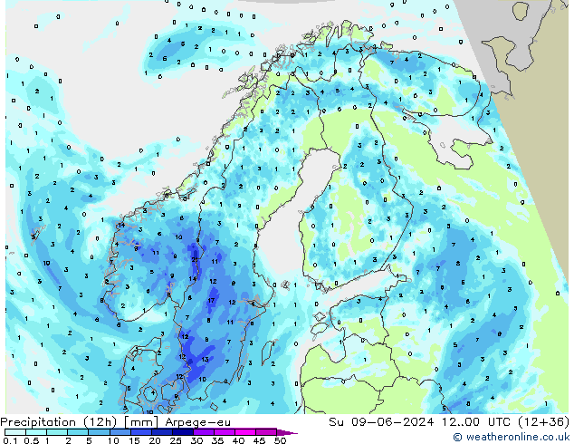 Precipitação (12h) Arpege-eu Dom 09.06.2024 00 UTC