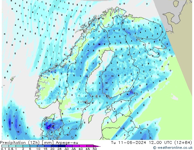 Totale neerslag (12h) Arpege-eu di 11.06.2024 00 UTC