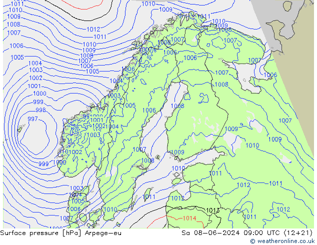 Presión superficial Arpege-eu sáb 08.06.2024 09 UTC