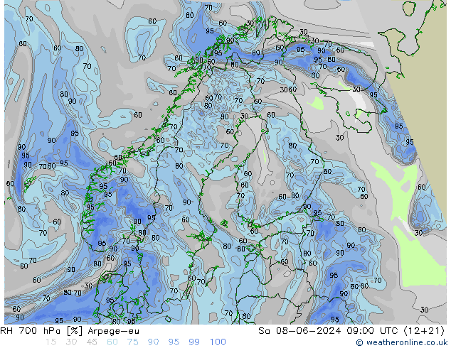 Humidité rel. 700 hPa Arpege-eu sam 08.06.2024 09 UTC