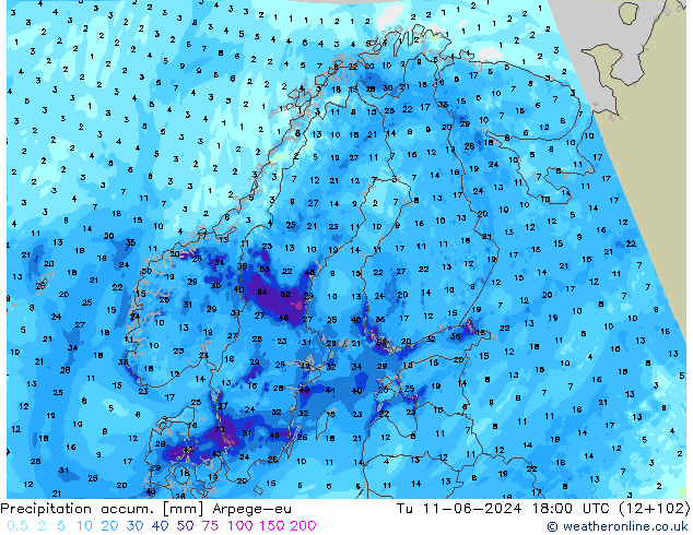 Precipitation accum. Arpege-eu Ter 11.06.2024 18 UTC