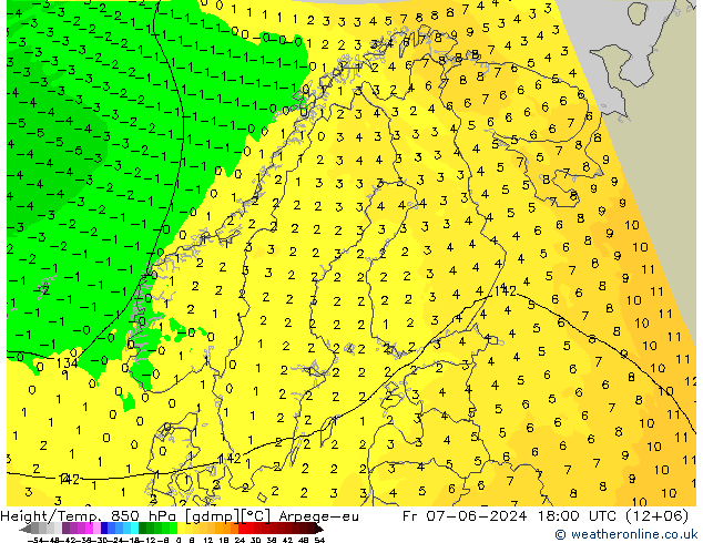 Height/Temp. 850 hPa Arpege-eu Fr 07.06.2024 18 UTC