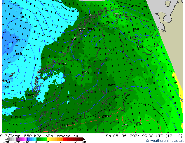 SLP/Temp. 850 hPa Arpege-eu Sa 08.06.2024 00 UTC