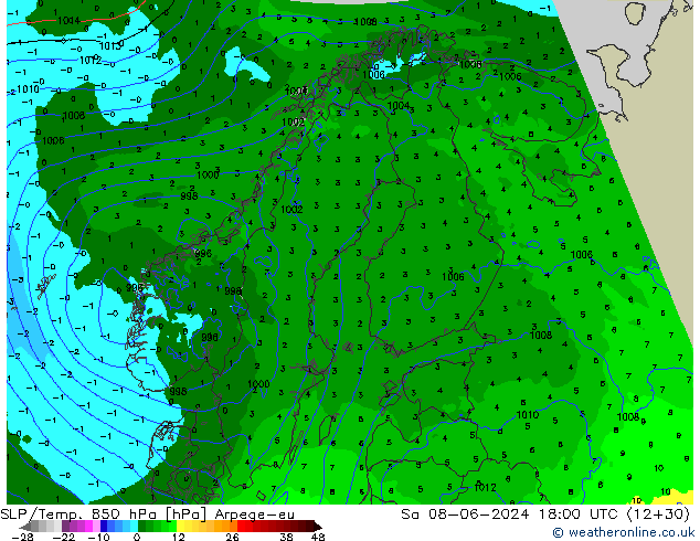 SLP/Temp. 850 hPa Arpege-eu Sa 08.06.2024 18 UTC