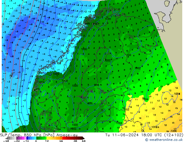 SLP/Temp. 850 hPa Arpege-eu mar 11.06.2024 18 UTC