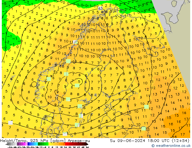 Height/Temp. 925 гПа Arpege-eu Вс 09.06.2024 18 UTC