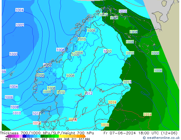 Schichtdicke 700-1000 hPa Arpege-eu Fr 07.06.2024 18 UTC