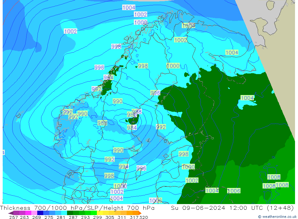 Thck 700-1000 гПа Arpege-eu Вс 09.06.2024 12 UTC