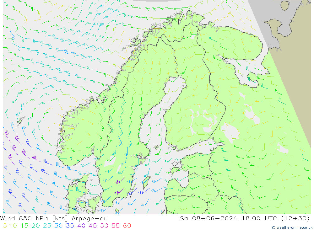 Wind 850 hPa Arpege-eu Sa 08.06.2024 18 UTC