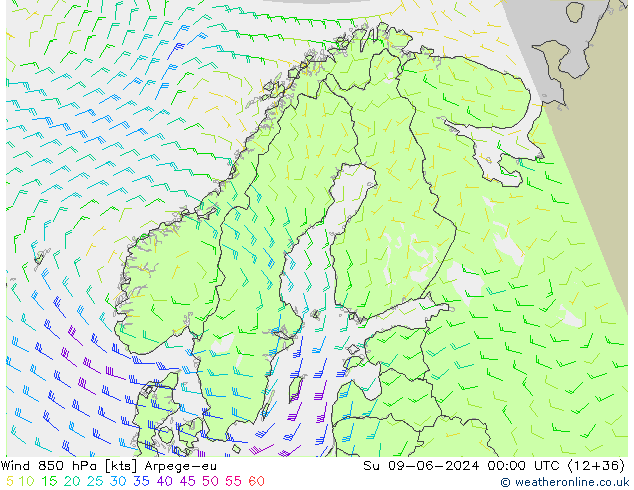 Viento 850 hPa Arpege-eu dom 09.06.2024 00 UTC