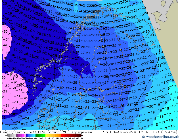 Height/Temp. 500 hPa Arpege-eu Sa 08.06.2024 12 UTC