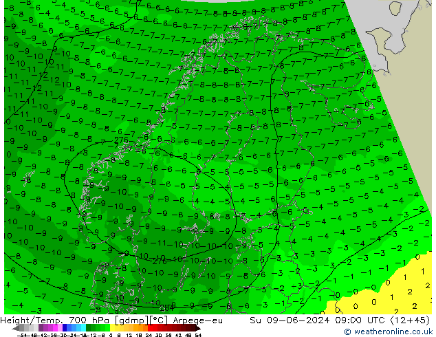 Height/Temp. 700 hPa Arpege-eu dom 09.06.2024 09 UTC