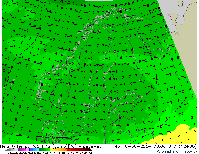 Height/Temp. 700 hPa Arpege-eu pon. 10.06.2024 00 UTC