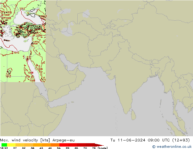 Max. wind velocity Arpege-eu Tu 11.06.2024 09 UTC