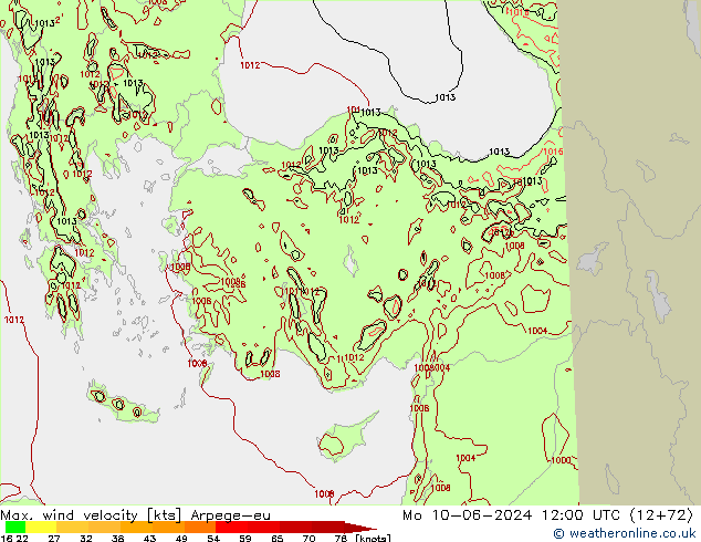 Max. wind velocity Arpege-eu Mo 10.06.2024 12 UTC