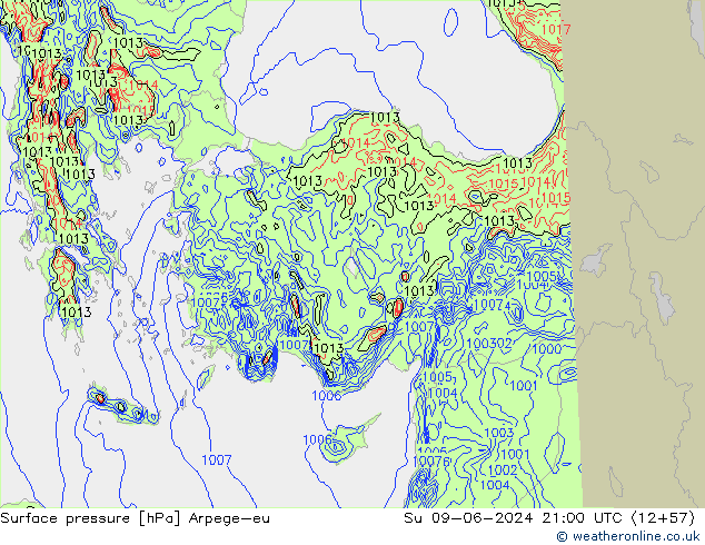 Atmosférický tlak Arpege-eu Ne 09.06.2024 21 UTC