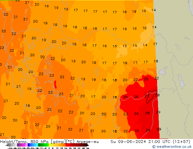 Height/Temp. 850 hPa Arpege-eu Su 09.06.2024 21 UTC