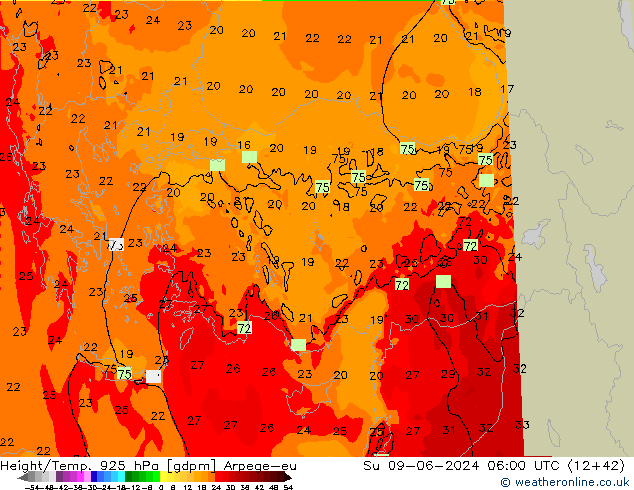 Height/Temp. 925 hPa Arpege-eu nie. 09.06.2024 06 UTC