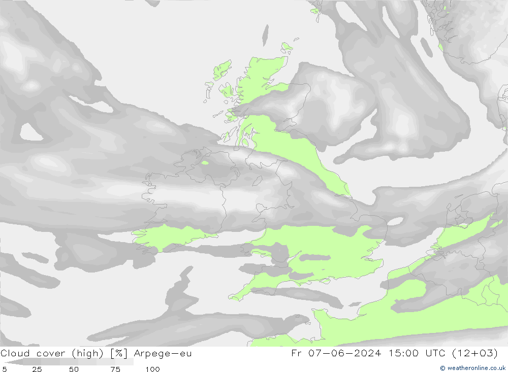 Cloud cover (high) Arpege-eu Fr 07.06.2024 15 UTC