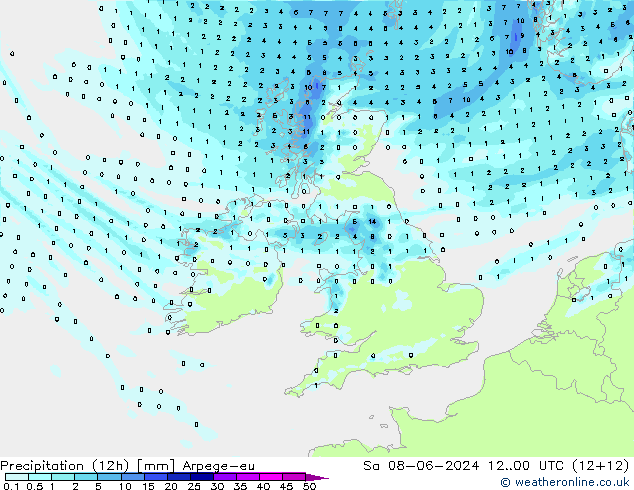 Precipitazione (12h) Arpege-eu sab 08.06.2024 00 UTC