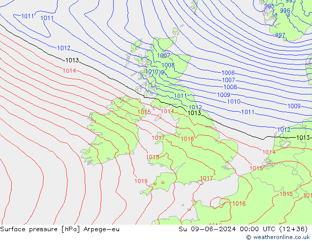 Presión superficial Arpege-eu dom 09.06.2024 00 UTC