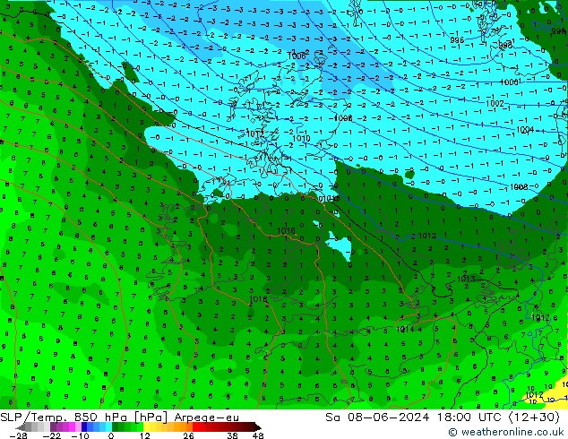 SLP/Temp. 850 hPa Arpege-eu Sáb 08.06.2024 18 UTC