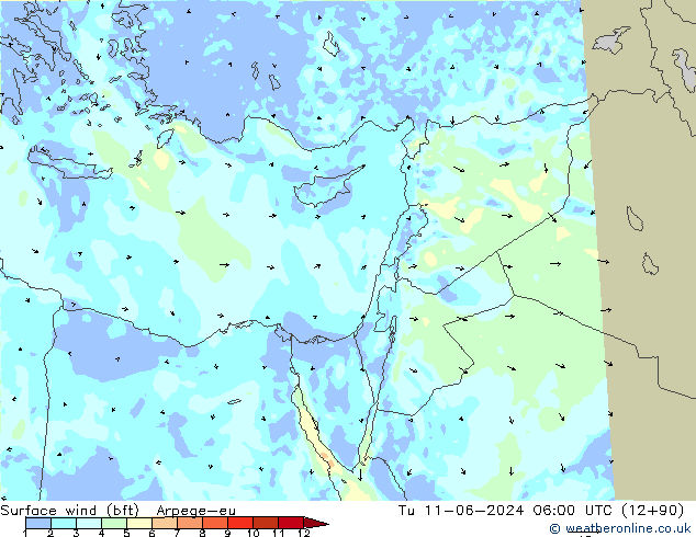 Viento 10 m (bft) Arpege-eu mar 11.06.2024 06 UTC