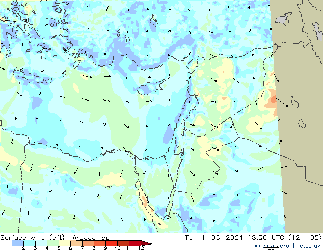 Surface wind (bft) Arpege-eu Tu 11.06.2024 18 UTC