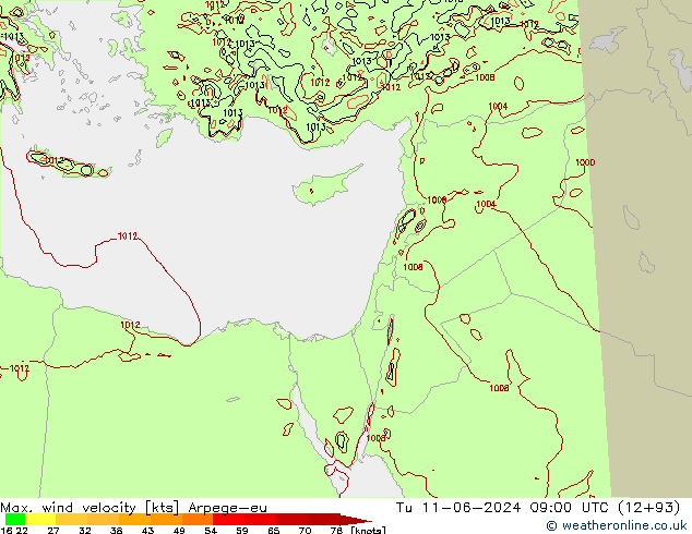 Max. wind velocity Arpege-eu mar 11.06.2024 09 UTC