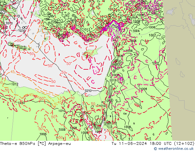 Theta-e 850hPa Arpege-eu Tu 11.06.2024 18 UTC