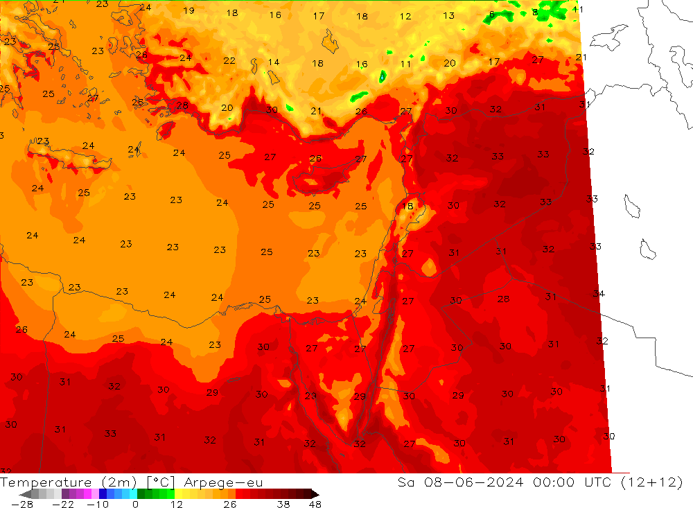 Temperatura (2m) Arpege-eu sab 08.06.2024 00 UTC