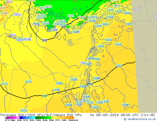 Schichtdicke 500-1000 hPa Arpege-eu Sa 08.06.2024 06 UTC