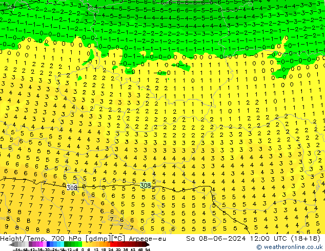 Height/Temp. 700 hPa Arpege-eu Sa 08.06.2024 12 UTC