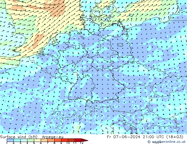 Surface wind (bft) Arpege-eu Fr 07.06.2024 21 UTC