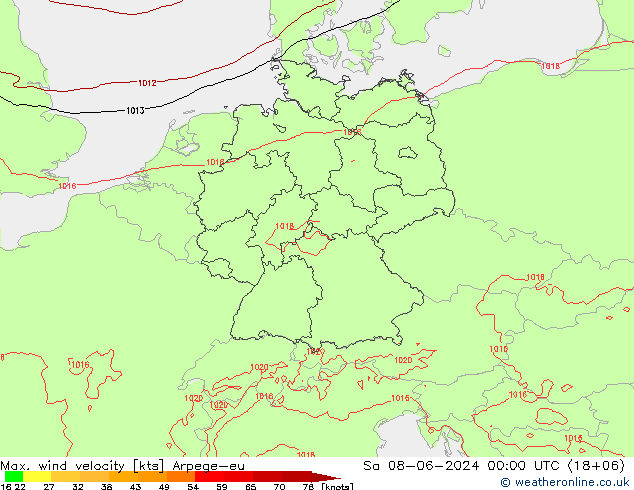 Max. wind velocity Arpege-eu Sa 08.06.2024 00 UTC