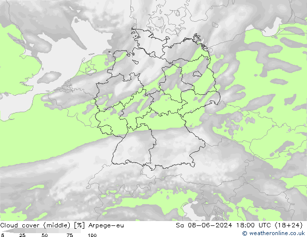 Cloud cover (middle) Arpege-eu Sa 08.06.2024 18 UTC