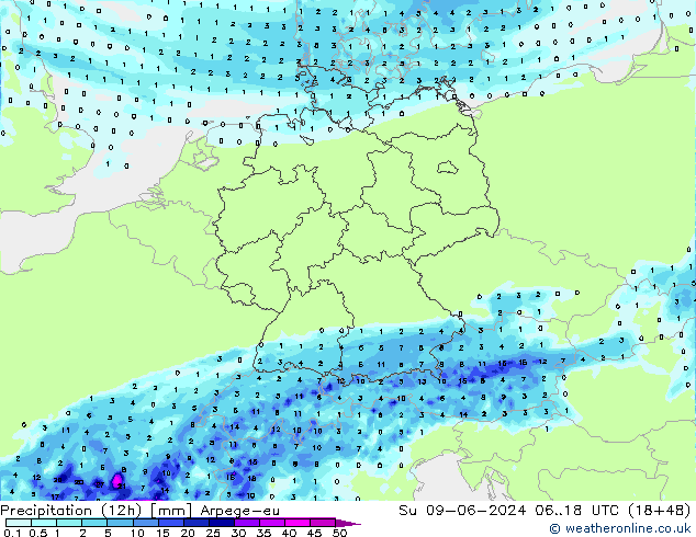 Precipitation (12h) Arpege-eu Su 09.06.2024 18 UTC